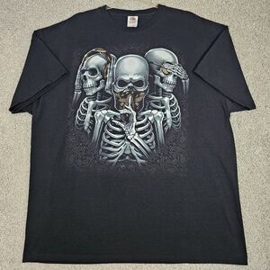 VTG Hear No Speak No See No Evil Skulls Tee 2XL Black FRUIT OF‎ THE LOOM Y2K